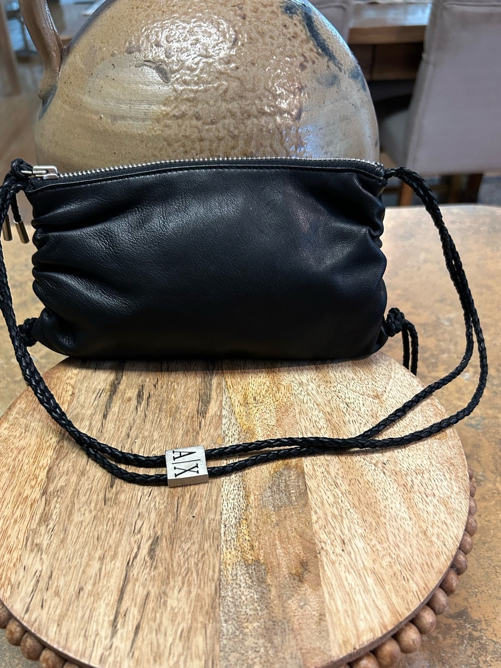 A/X Armani Exchange Black Leather Braided-Strap Crossbody Pouch
